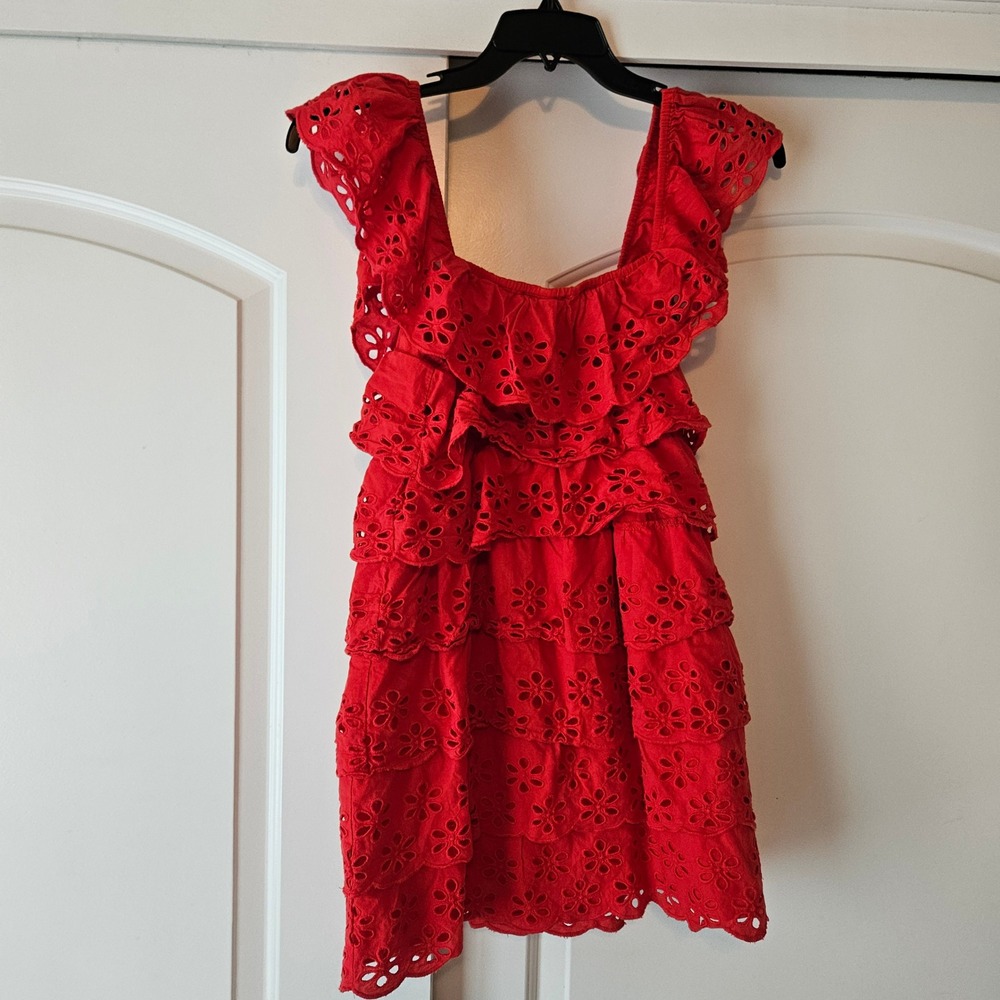 Show Me Your Mumu Lucy Mini Dress Large Cherry Eyelet Red Ruffle Tiered Cotton L - Picture 1 of 8